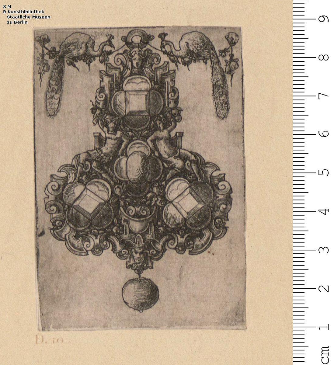 (5) 1 Blatt Ortband einer Dolchscheide mit Rollwerk, Figuren und Früchten