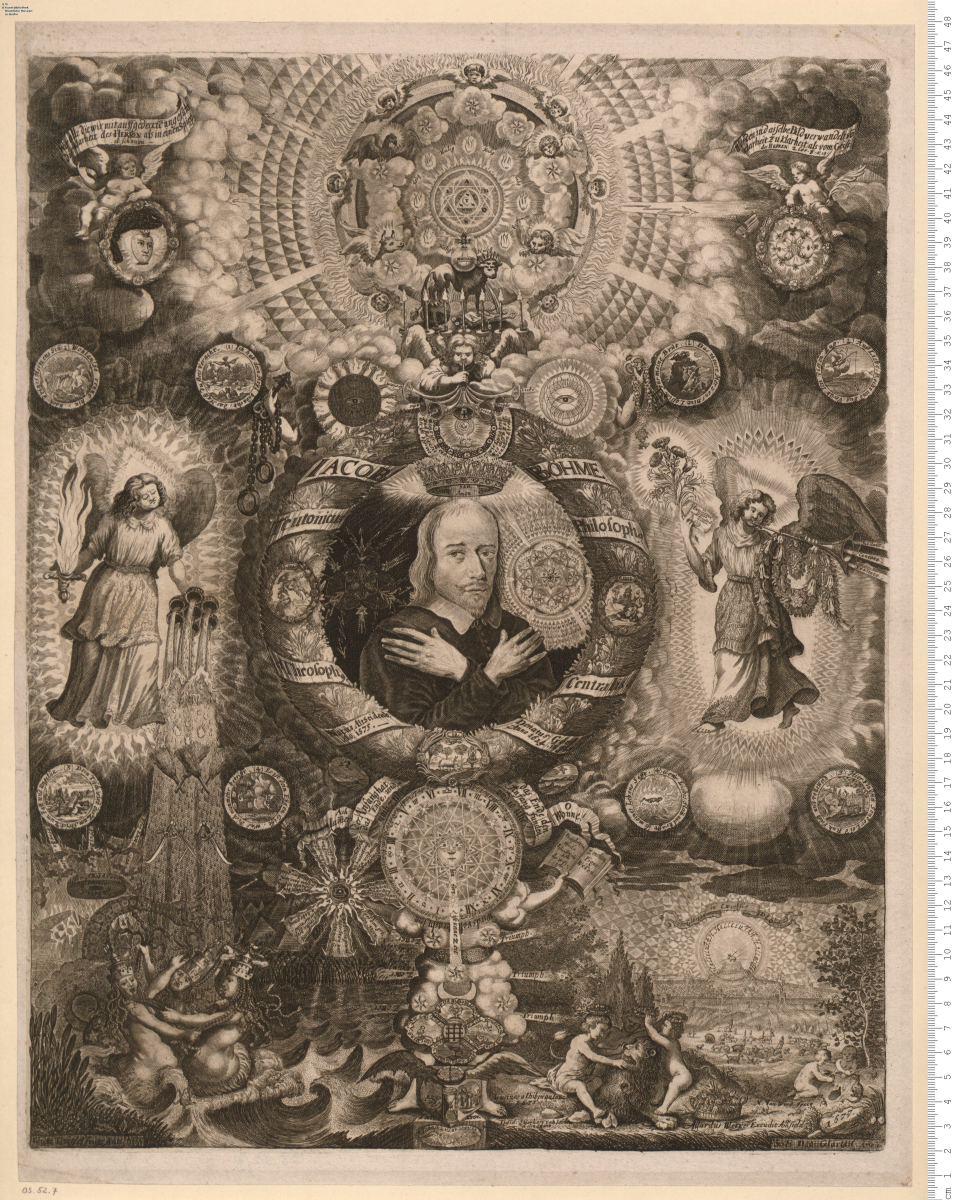 Jocob Böhme. Bildnis mit Allegorien. Bez: Lucinos a Lhibenau Inv. 1675. Desid. Stierhort ... delineavit N. Van Werd fecit Allardus Wekker Excudit Amsteld. 1677.