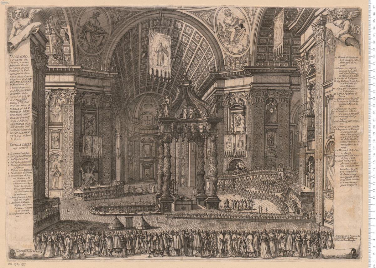 Disegno e Prospetto del Theatro ... dentro la Chiesa di San' Pietro in Vaticano, per la ... Canonizatione di S. Gaetano Thiene ... S. Francesco Borgia ... S. Filippo Benitio ... S. Lvdovico Bertrando ... S. Rosa di S. Maria ... fatta ... li 12. de Aprile 1671 ... Gio. Battista Falda del. et Sculp ... Si Stampano in Roma da Gio Iacomo Rossi ...