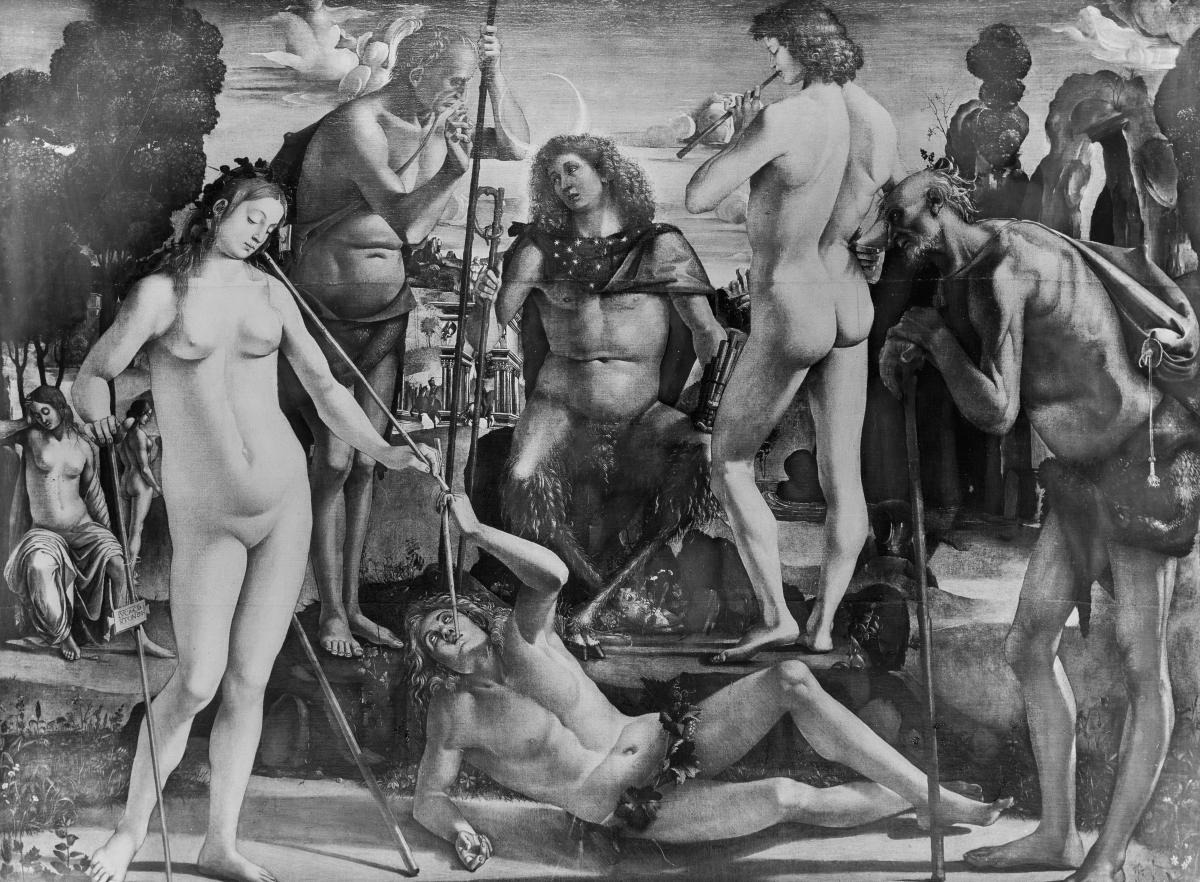 Pan als Gott des Naturlebens und als Meister der Musik mit seinen Begleitern