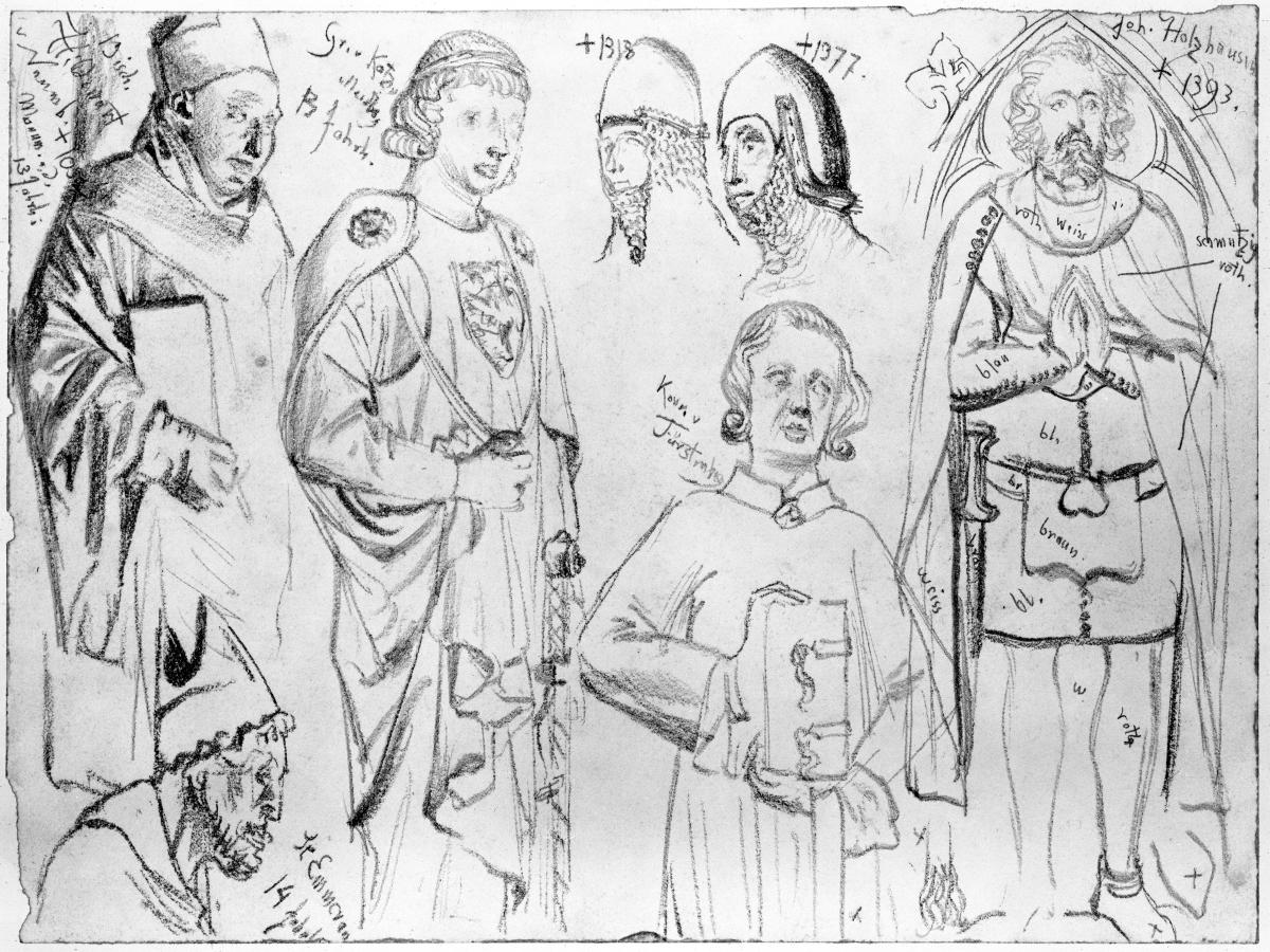 Grabmalfiguren (Bischof Hildeward von Naumburg, Graf von Katzenellenbogen, Konrad von Fürstenberg, Johann Holzhausen, St. Emmeram und zwei Köpfe mit Kopfharnisch)