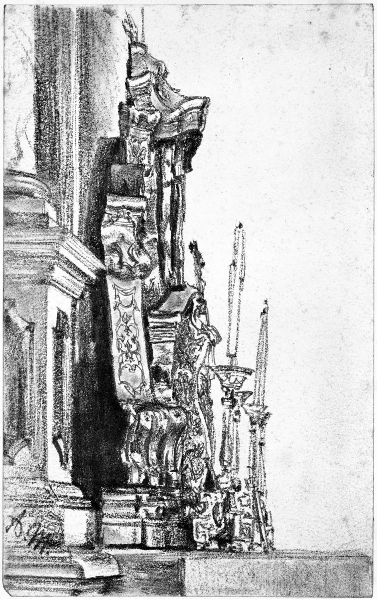 Barockaltar mit Leuchtern von der Seite gesehen