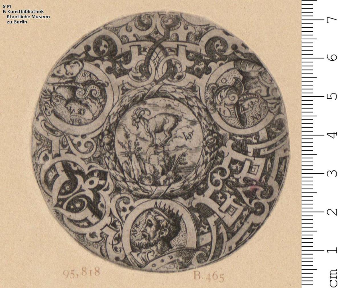 (1) Folge: Runde, inmitten Brustbilder bzw. Tiere, mit ornamentaler Umrahmung.