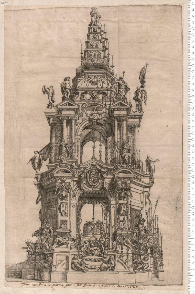 3 Bl. Katafalk und Trauerschmuck, handschriftlich bez: Fatto nel Domo di Parma per il Ser: Duca Ranuccio. I. lanno 1625.