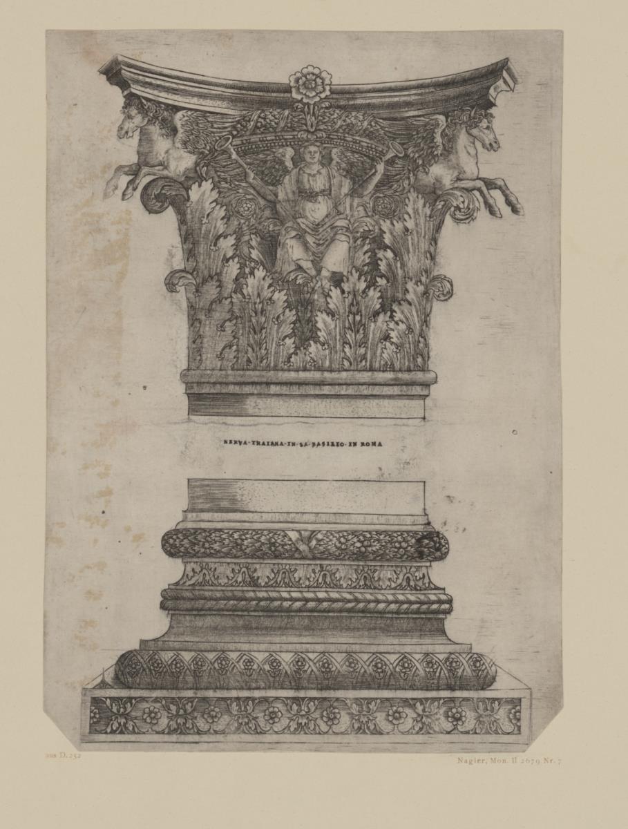 Je ein korinthisches Kapitell nebst Basis. 2 Bl. bez. mit Monogr. G. P. unter der Fußangel. Nagler, Mon. II 2679, unter Meister G. A. mit der Fußangel, Nr. 7-9.