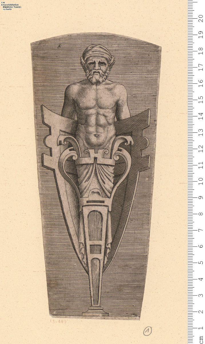 Bärtiger Mann mit Turban, in Rollwerk verflochten.