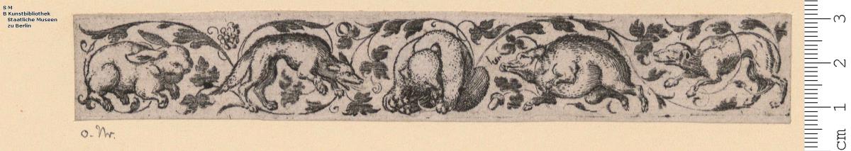 (14) 1 Blatt Querfüllung mit Ranken, Jagdtieren und Hund.