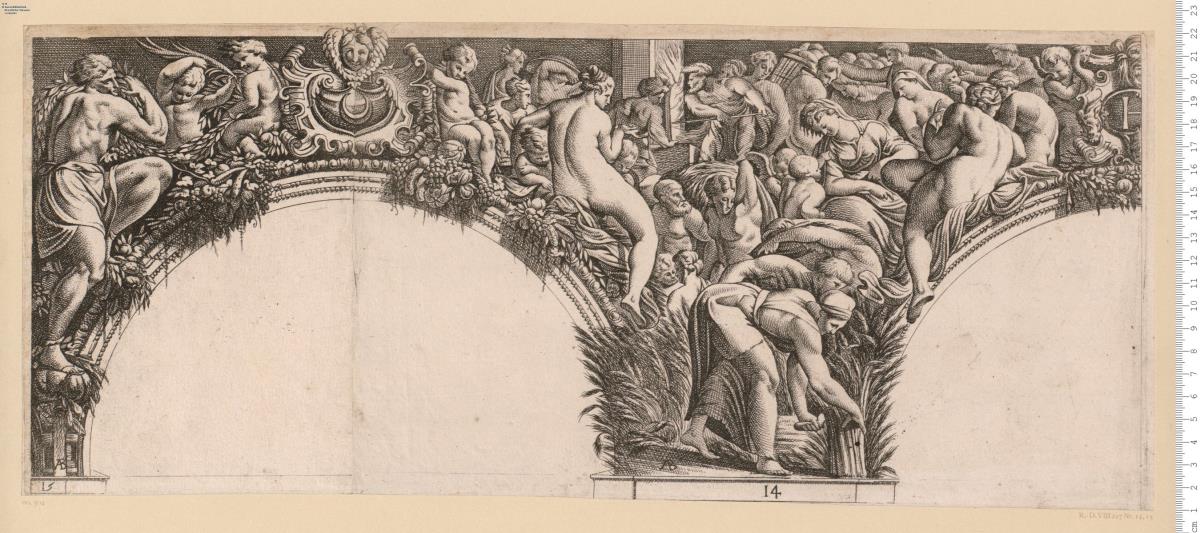 12 Bl. einer Folge auf 8 Kartons: Wandmalereien des Francesco Primaticcio aus der Galérie Henri II in Fontainebleau, bez: A B (zsgz.) (=Alexander Betou), Nr. 2-7, 10-15.
