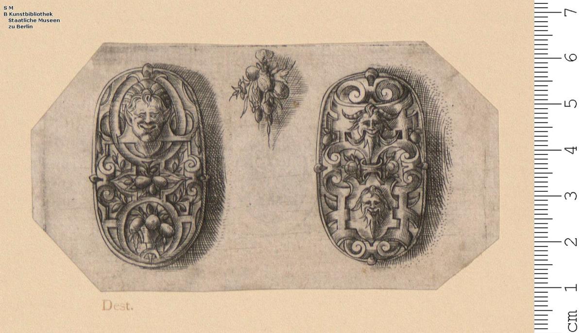 (6) 1 Blatt mit zwei ovalen Medaillons mit Rollwerk und Maskenknauf in Form einer kleinen Vase