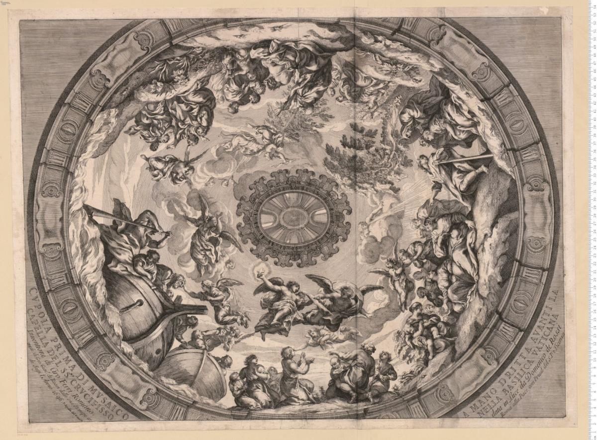 Cvpola Prima [Seconda, Terza] Di Mvsaico A Mano Dritta Avanti La Capella Del SS.mo Crvcifisso [Di San Sebastiano, Del Santiss.mo Sacramento] Nella Basilica Vaticana Inuentione di Ciro Ferri Romano [del Cau.er Pietro Beretini da Cortona] data in Luce da Domen.co de Rossi ... in Roma ... 1696 [1694]. F. Aquilla delin. et incise.