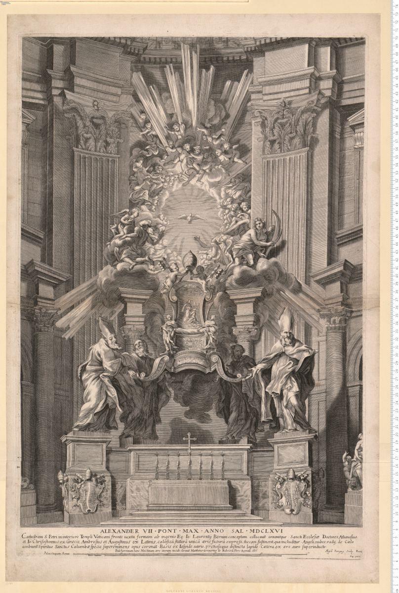 Alexander VII ... Anno Sal. 1666 Cathedram S. Petri in interiore Templi Vaticani fronte iuxta formam ab ingenio Eq: Io: Laurentij Bernini conceptam collocauit ornauitque ... Machinam aere iterum incidi curauit Matthaeus Gregorius de Rubeis ... 1686. Aegid. Patigny Sculp. Romae ...