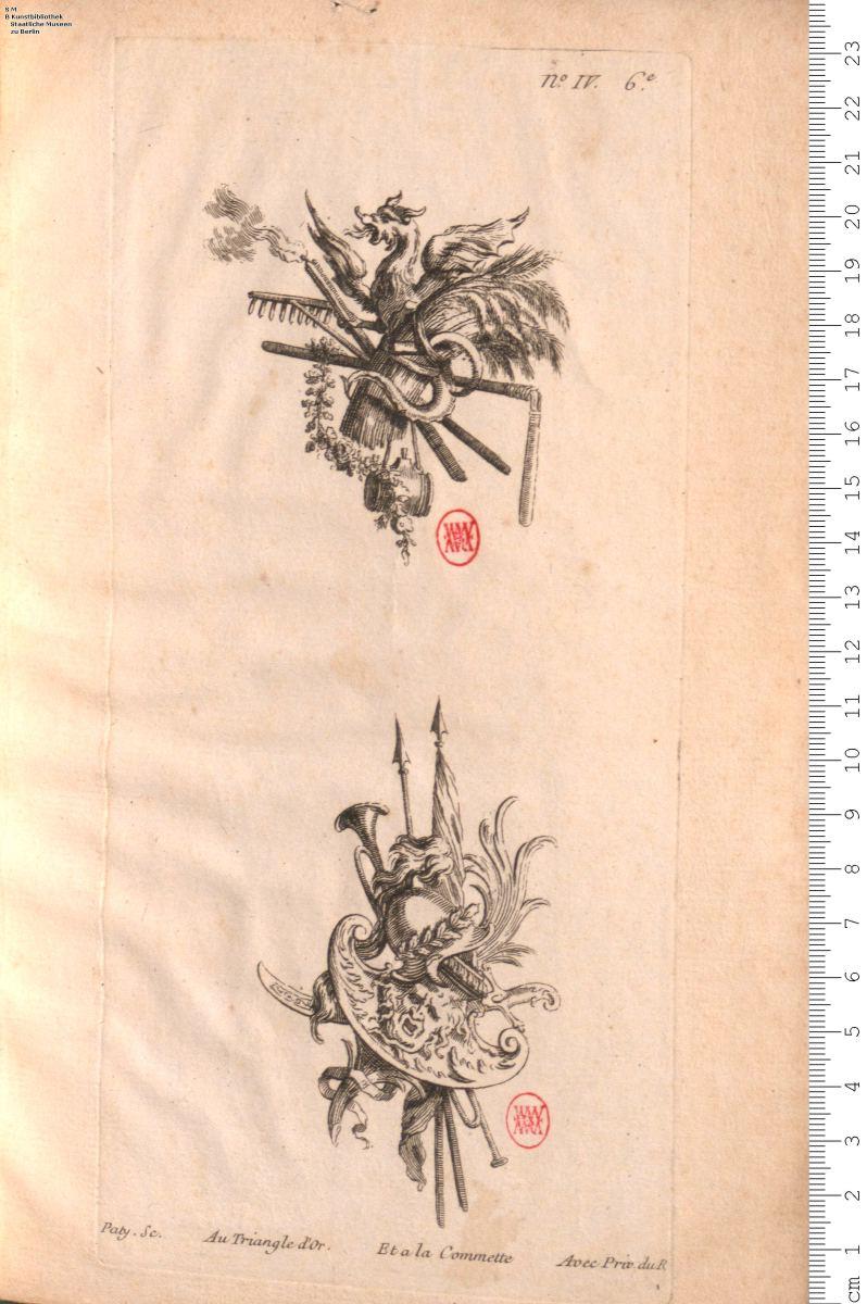 Suitte de Trophés d'après le Chevalier de la Touche. Gravé par Paty. Cevend chés François. Chereau ...