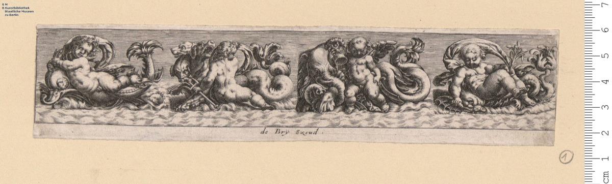 Friese mit phantastischen Meerwesen. 2 Bl. einer Folge, z. T. mit Kindern, 1 Bl. bez: de Bry^B4 Excud.