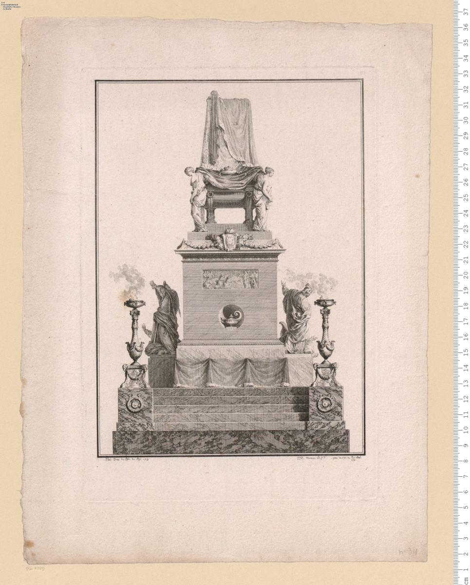 2 Bl. einer Folge: Grabmäler, bez: Paris Dess. du Cabi. du Roi 1781. J. M. Moreau Le J.ne ... Scul. 1781.