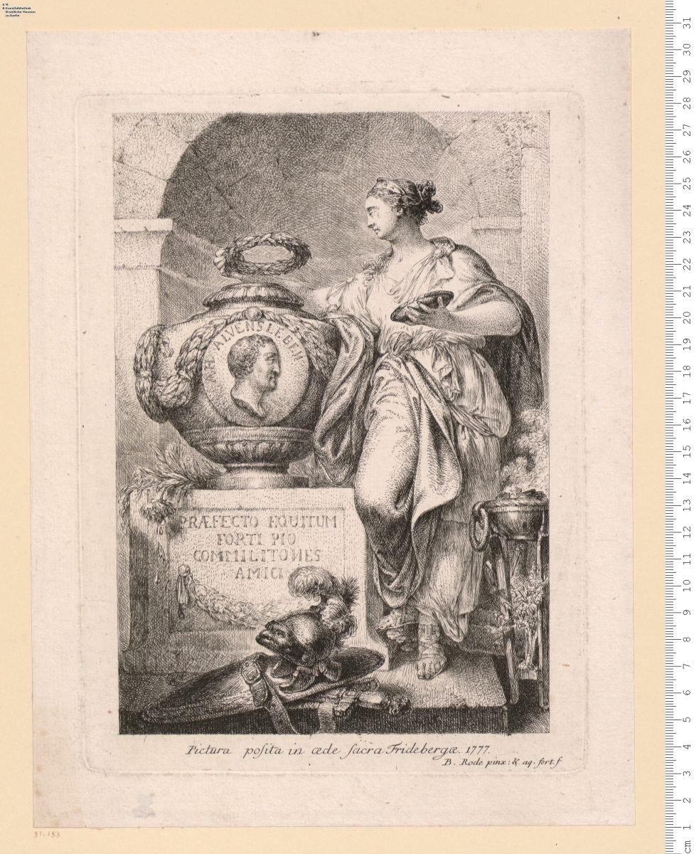 4) Urne für A. H. Alvensleben mit Unterschrift: Pictura posita in aede sacra Fridebergae. 1777, bez: B. Rode pinx: & aq. fort. f.