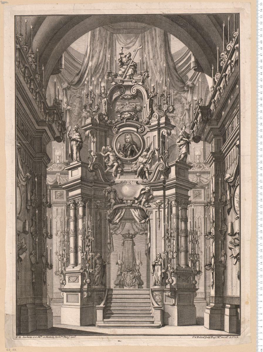 1 Bl. Katafalk für einen spanischen Prinzen, bez: I.s B. Sachetti ... inv.t I.s a Palom.o ... incid.t à 1752.