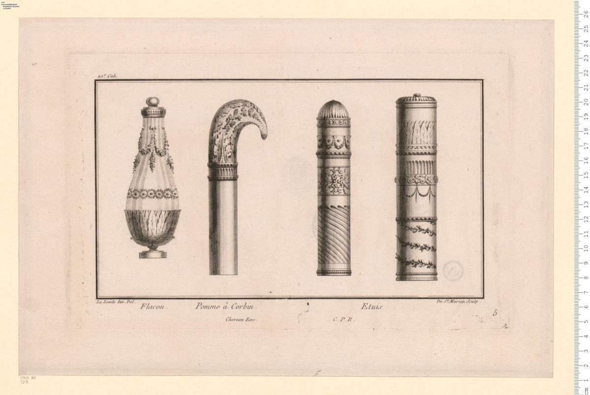 (16) Cahier 20: Ouvrages d'Orfevrerie. Flacon, Pomme à Corbin, Etuis