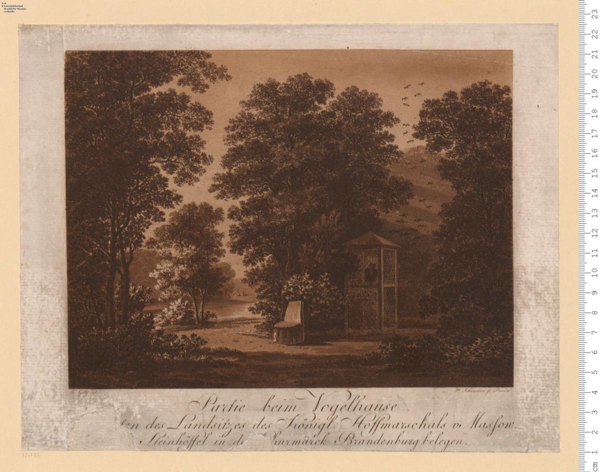 1 Bl: Partie beim Vogelhause ..., aus einer Folge: Bauten und Parkansichten des Landsitzes des Hofmarschalls v. Massow zu Steinhöffel in der Kurmark Brandenburg. F. Gilly del. Jn. Schumann sc. Dresdae.