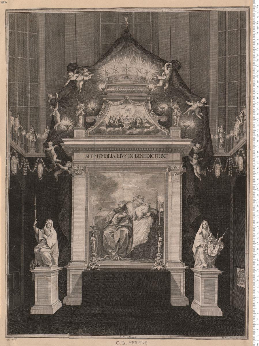 1 Bl. Altar im Trauerschmuck mit dem Bildnis der Verstorbenen, bez: C. G. Hereus. inv. Jo. N. Freund. delineavit. J. C. Marchand. Sculpsit Noribergae.