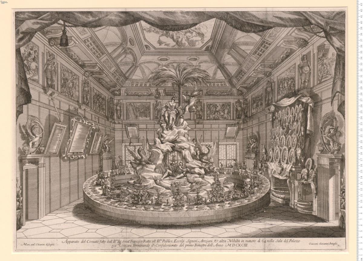 Apparato del Conuito fatto dal ... Francesco Ratta ... nella Sala del Palazzo già Vizzani ... 1693. Marc-ant.o Chiarini dissegnò. Giacomo Giouanini Intagliò.