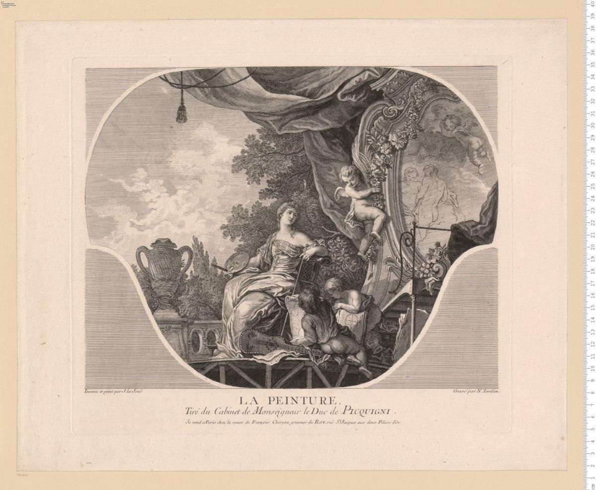 Sopraporten: allegorische Darstellungen in geschweiften Feldern, mit Unterschriften. Tiré du cabinet de Monseigneur le Duc de Picquigny. Inventé et peint par J. la Jouë. Gravé par C. N. Cochin [Nicollas Tardieu, J. Ingram]. à Paris chez la Veuve de F[rançois] Chereau [3 Bl: Se vend a Paris chez la Jouë ... et ... chez Cochin ...].