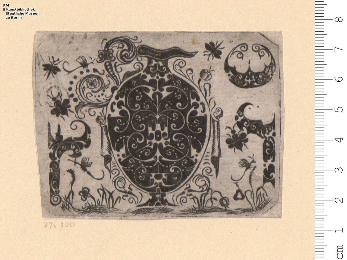 1 Blatt Schwarzornament mit großem Mittelstück in Krugform ud kleineren Schmuckflächen