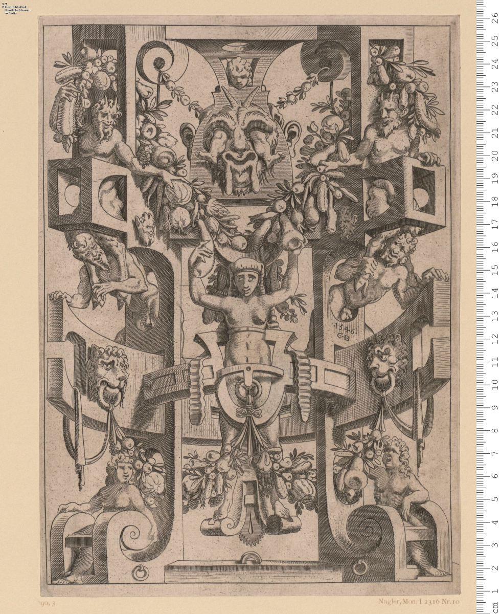 (1) 4 Blatt einer Folge: Hochfüllungen: Rollwerk mit grottesken Figuren und Fruchtgehängen bzw. Schilfbündeln oder Ranken, meist bez: C-B 1546 [1550, 1554].