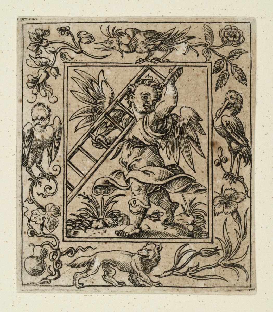 Engelknaben mit den Leidenszeichen Christi in Rahmen, die mit Blumen und Tieren verziert sind.