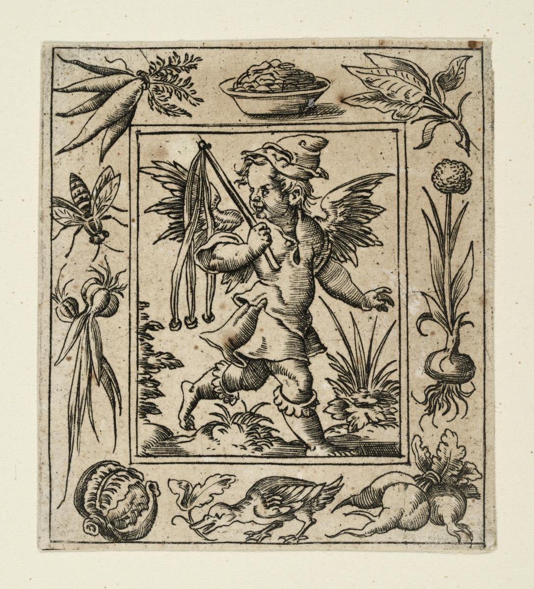 Engelknaben mit den Leidenszeichen Christi in Rahmen, die mit Blumen und Tieren verziert sind.