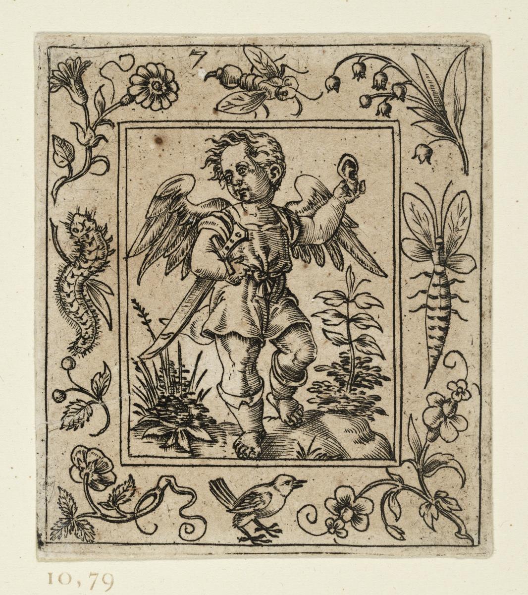 Engelknaben mit den Leidenszeichen Christi in Rahmen, die mit Blumen und Tieren verziert sind.