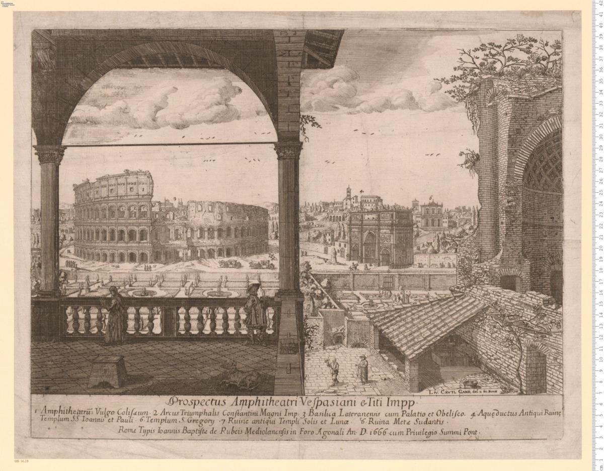 Prospectvs Locorvm Vrbis Romae ... 1 Bl.: Prospectus Amphitheatri Vespasiani et Titi Impp. ... Cruyl ... 1666.