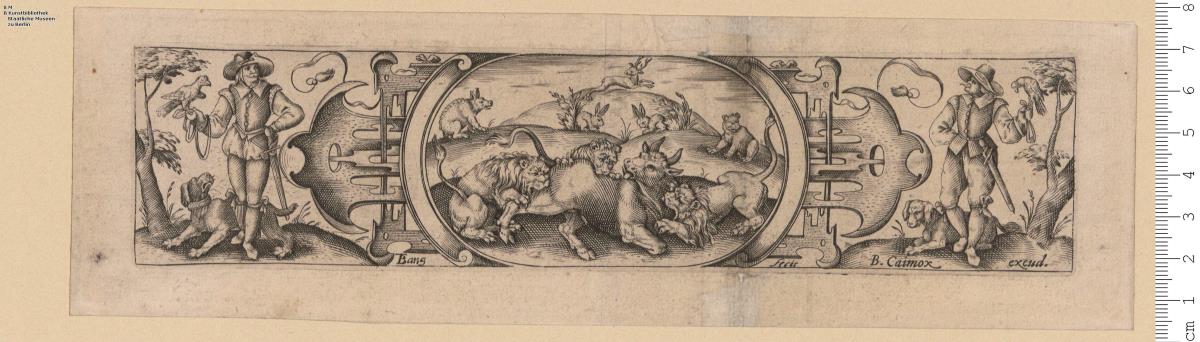 (2) Folge: Rankenfriese mit Jagdfiguren. Das erste Blatt als Titel: in einer Mittelkartusche ein Stier von Löwen gepackt, bez: T. Bang fecit B. Caimox excud.