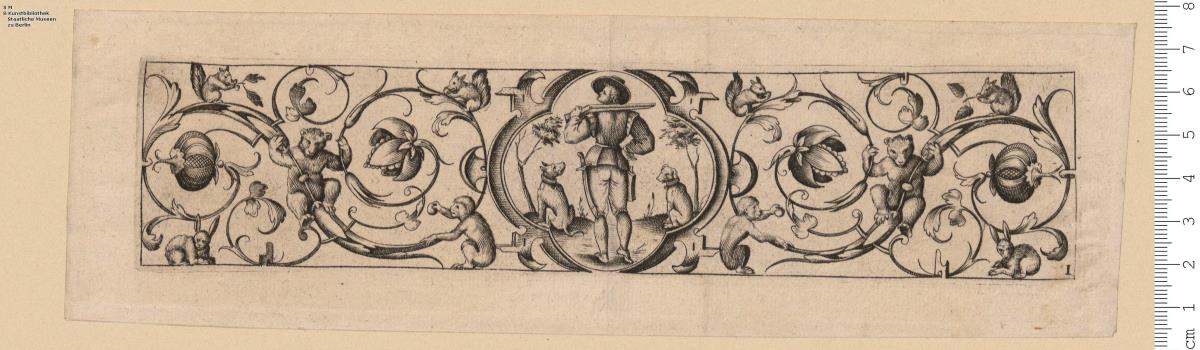 (2) Folge: Rankenfriese mit Jagdfiguren. Das erste Blatt als Titel: in einer Mittelkartusche ein Stier von Löwen gepackt, bez: T. Bang fecit B. Caimox excud.