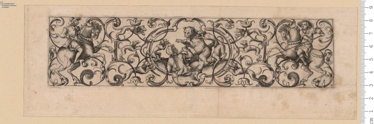 (2) Folge: Rankenfriese mit Jagdfiguren. Das erste Blatt als Titel: in einer Mittelkartusche ein Stier von Löwen gepackt, bez: T. Bang fecit B. Caimox excud.