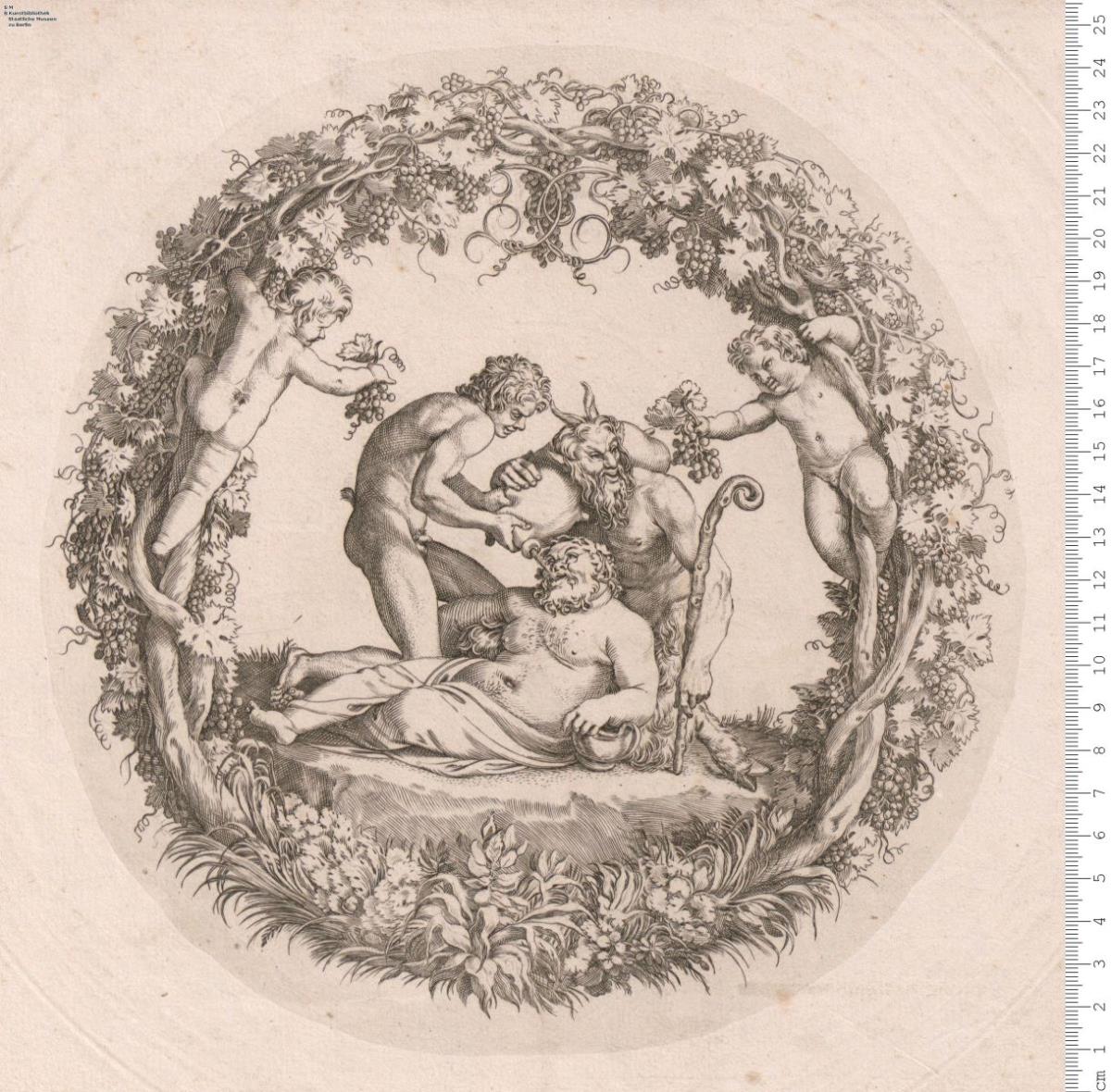 1 Blatt Schalenboden (Rund): Silen, der von Faun und Satyr getränkt wird; gerahmt von 2 Putti