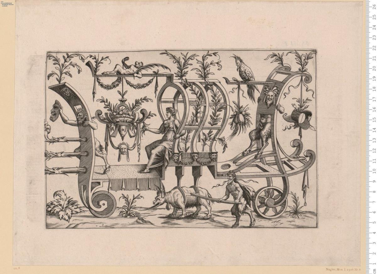 (2) 5 Blatt einer Folge: Friese: Wagenmotive aus Rollwerk mit Figuren, eine Art grottesken Triumphzuges, 1 Blatt bez: C-B 1550.