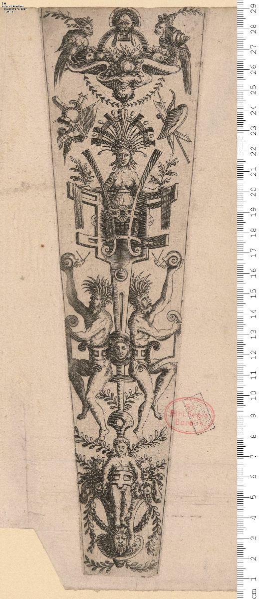 (7) 2 Platten auf 1 Blatt Scheidenfüllung, und Rundfüllung, beide mit grotteskem Rollwerk, auf letzterer inmitten Bacchus auf Esel reitend, Silen und Faun.