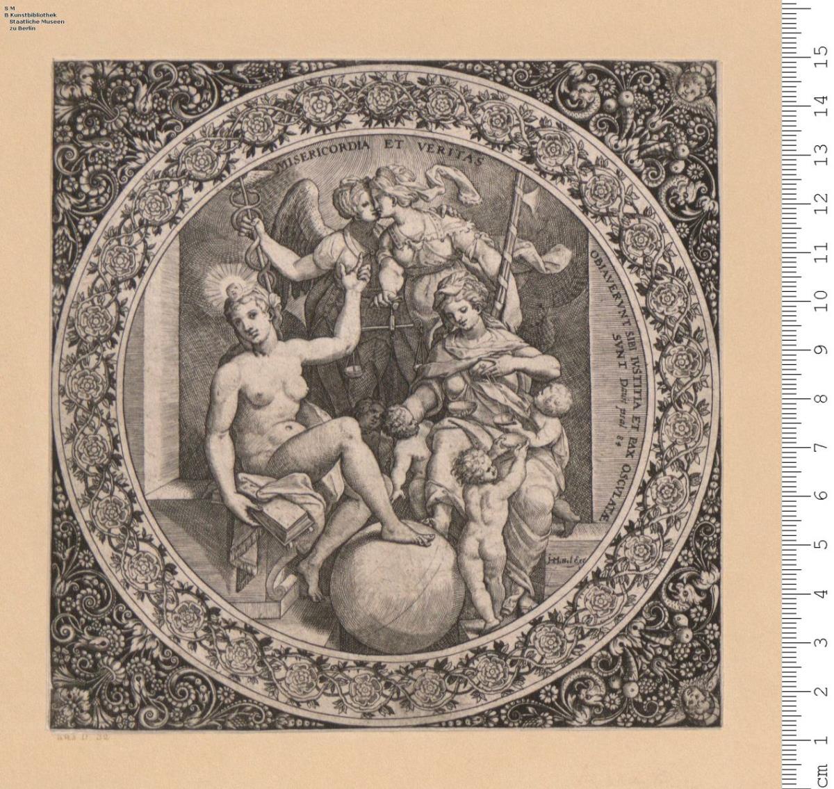(9a) Allegorische Darstellung in Rund, von Blumen- und Rankenornament eingefaßt: Misericordia Et Veritas, bez: I. Mittel Exc.