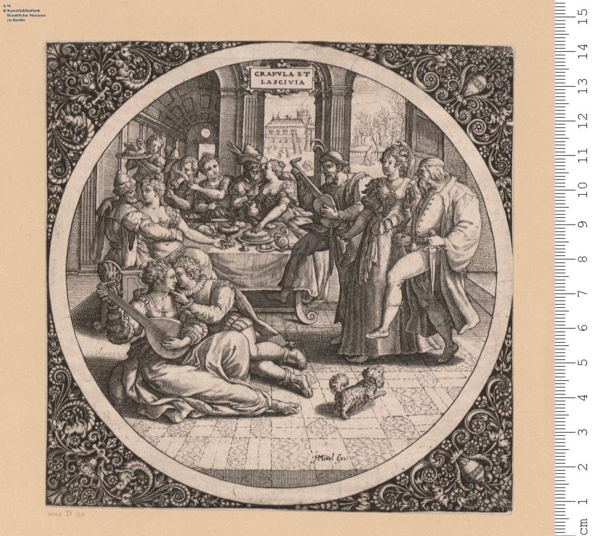 (9b) Allegorische Darstellung in Rund, von Blumen- und Rankenornament eingefaßt: Crapvla Et Lascivia, bez: I. Mittel Exc: