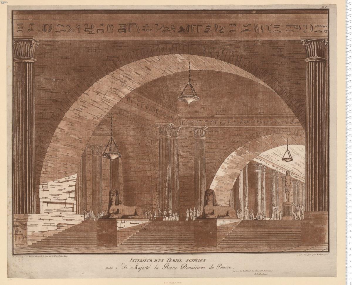 Bühnenbilder. Inv[enté] et dessiné par J. A. Balconi ... gravé à l'eau forte par F. W. Bollinger. 2 Bl: Nr. 1: Interieur D'Un Temple Egyptien ... u. Nr. 2: Ruine Antique Avec Une Cascade ...