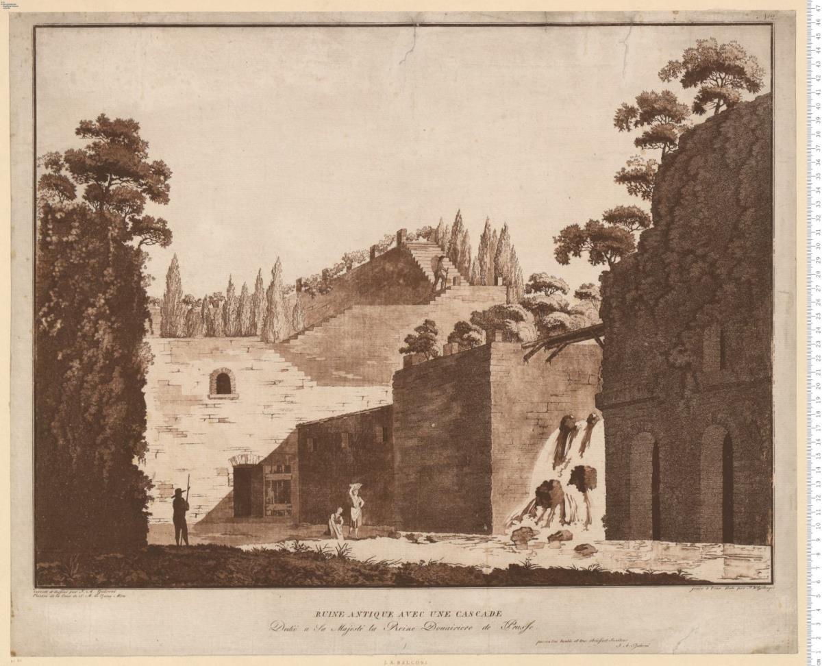 Bühnenbilder. Inv[enté] et dessiné par J. A. Balconi ... gravé à l'eau forte par F. W. Bollinger. 2 Bl: Nr. 1: Interieur D'Un Temple Egyptien ... u. Nr. 2: Ruine Antique Avec Une Cascade ...