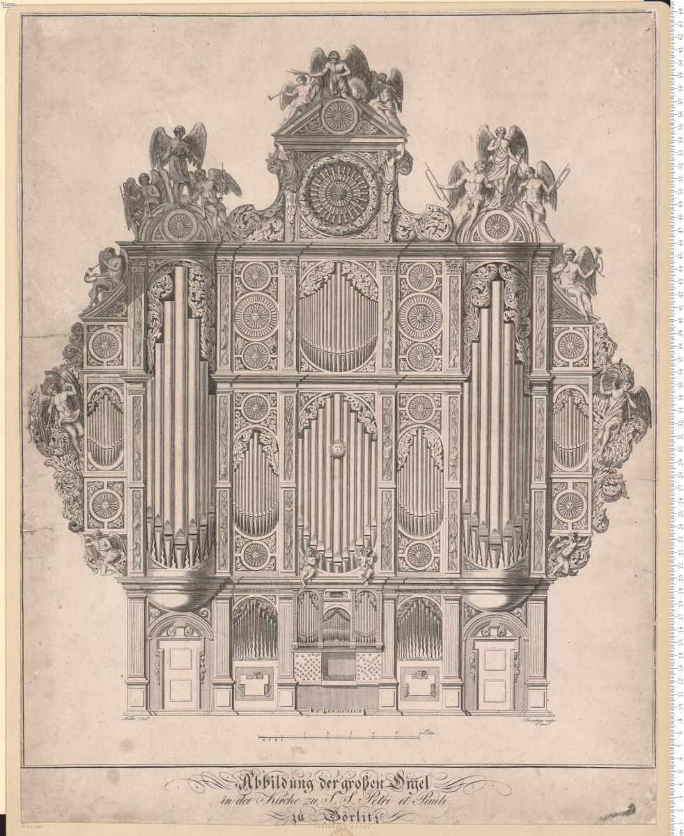 Abbildung der grossen Orgel in der Kirche zu S. S. Petri et Pauli zu Görlitz. Nathe del. Dornheim sculps. T. term: (An der Orgel die Inschrift:) Evgenivs Casparini Organopae Fecit 1703.