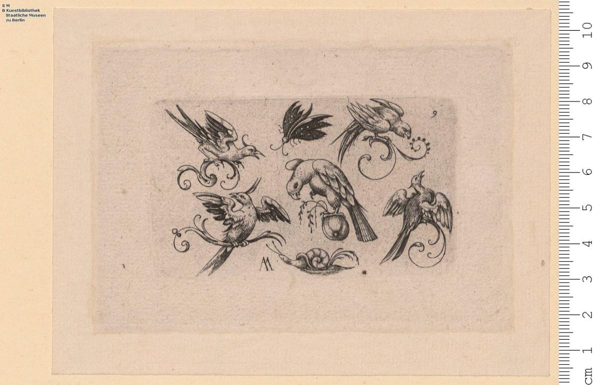 1) 1 Blatt einer Folge: Vögel auf Ranken nebst Schmetterling und Schnecke, Nr. 9, bez: A M (zsgz.).