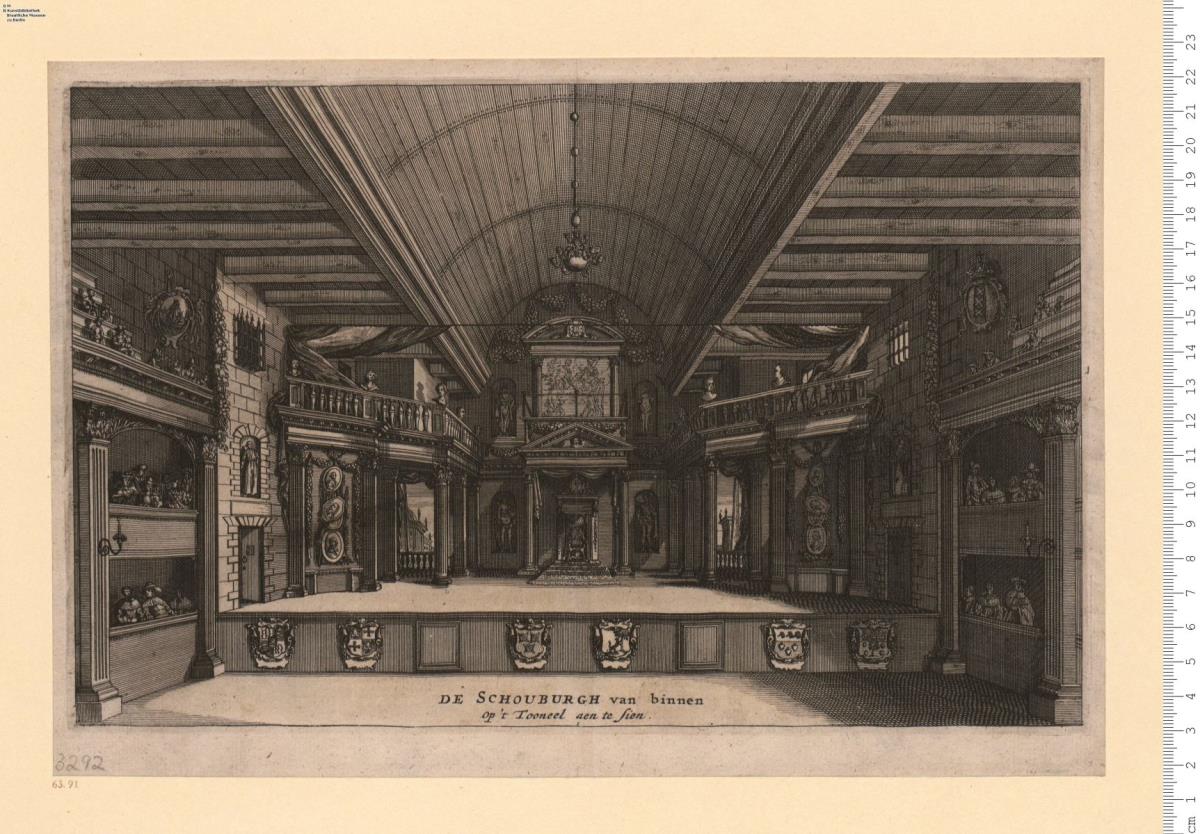 De Schouburgh van binnen. Innenansicht des Amsterdamer Theaters des Jacob van Campen. Nachstich nach S. Savry.