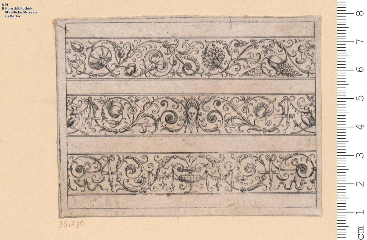 4 Blatt einer Folge, davon 3 Blatt Friese, das erste Blatt Umrahmung aus Schweifwerk und Ranken, inmitten figürliche Szene, bez: Iohan Sibmacher Nor: Anno 1592.