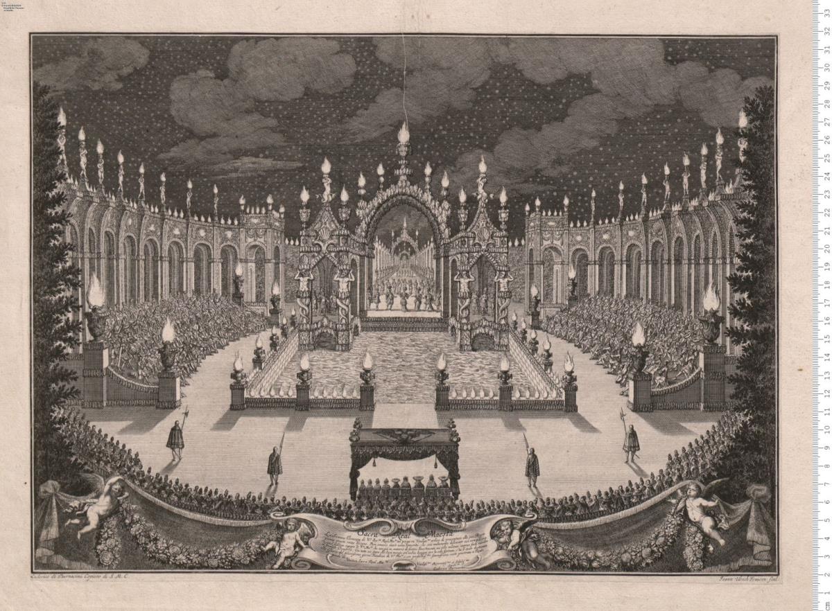 Schlußballet der Oper L'Euleo festeggiante nel ritorno d'Alessandro dall'India im Park des Lustschlosses Favorita zu Wien 1699, mit Widmung, unterzeichnet: Ludovico Burnacini. Ioann Krausen scul: