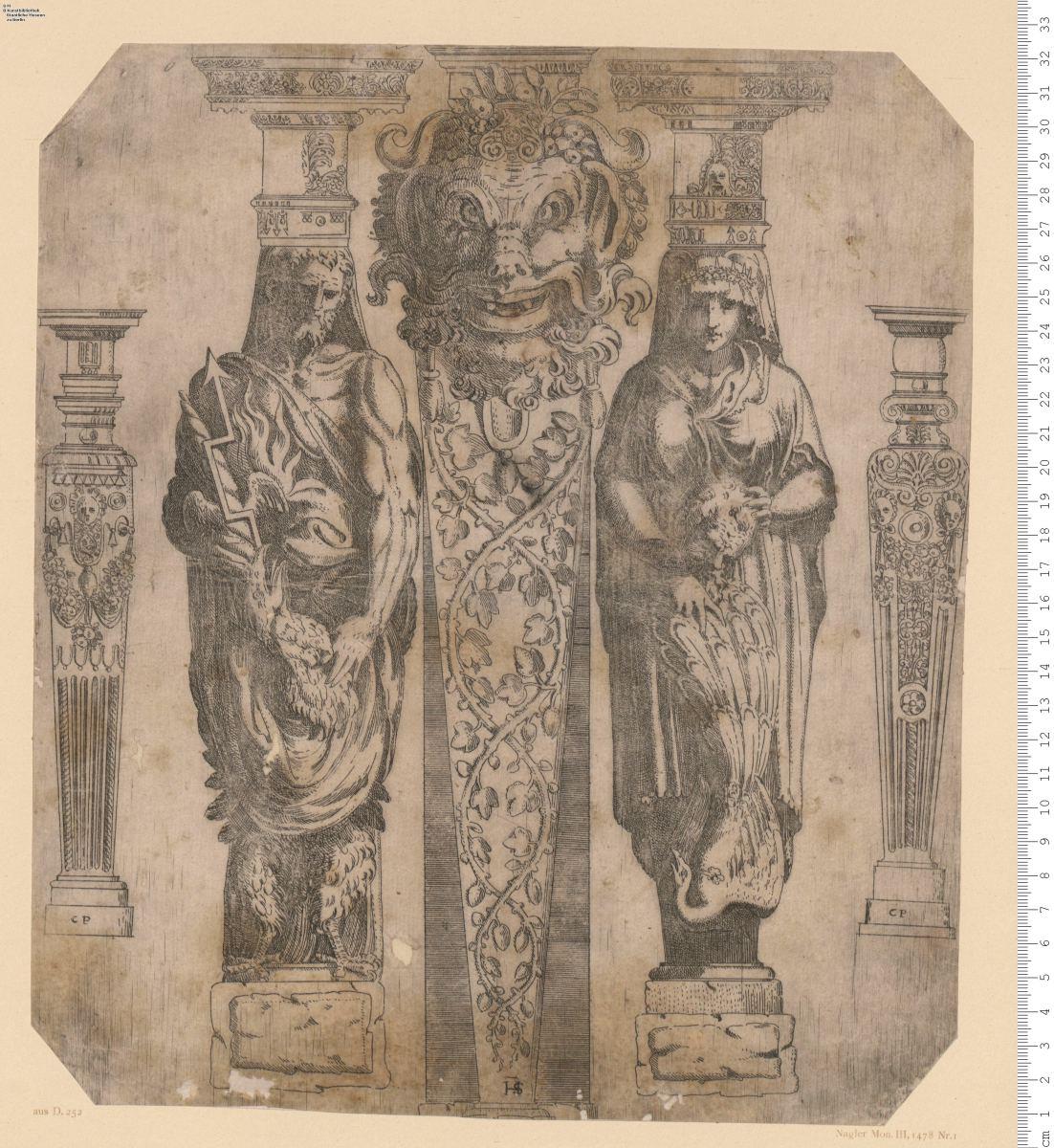 5) fünf Hermen, die mittlere mit Faunsmaske, daneben Jupiter u. Juno, bez. mit Monogr. H S u. (wohl als Stecher) C P.