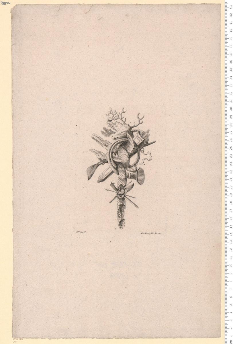 4 Blatt Trophäen mit Jagdattributen, Verl.-Nr. 386, Joh. Georg Hertel exc. (sonst unbezeichnet).