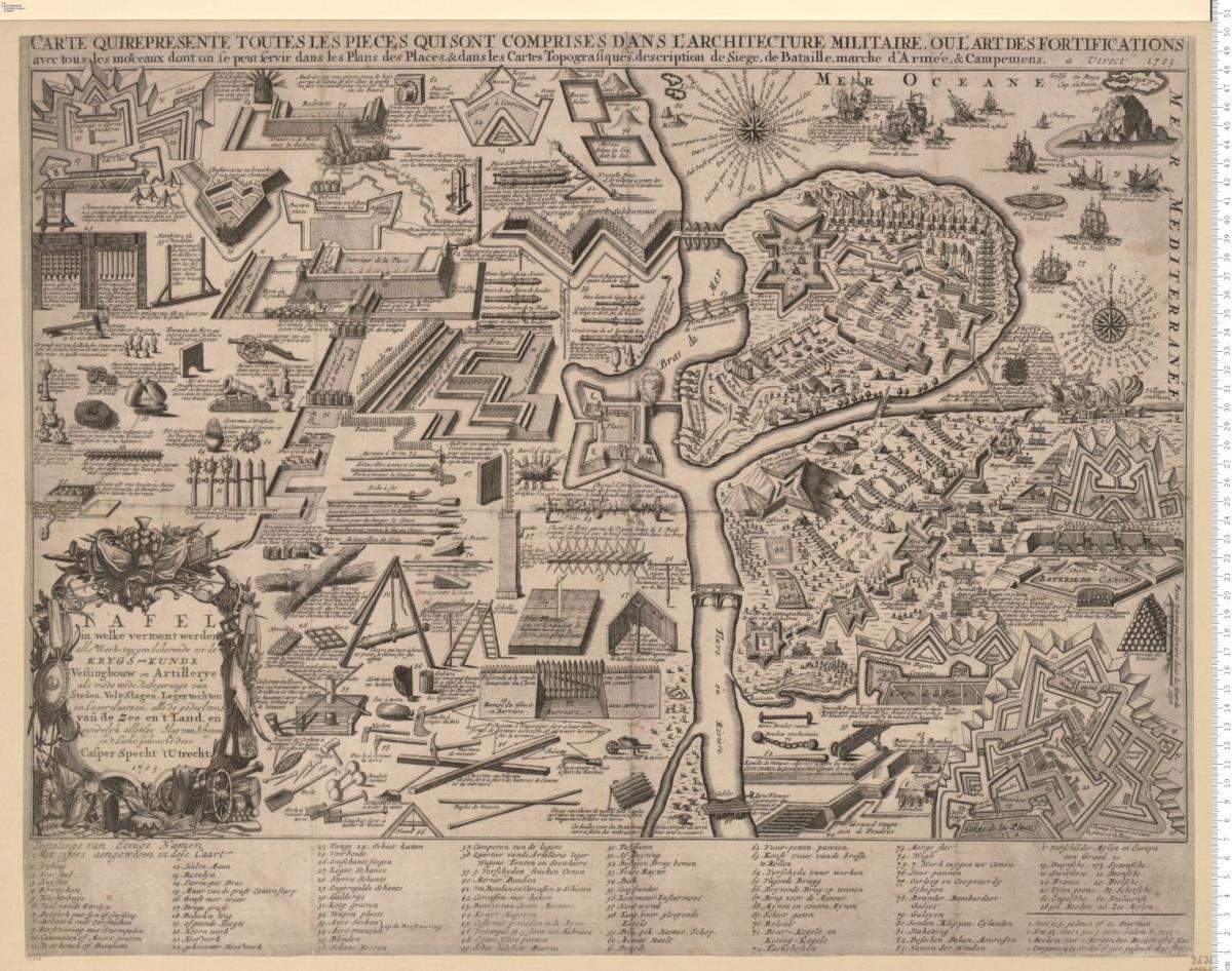 Tafel in welke vertoont werden ... Krygs-Kunde Vestingsbouw en Artillerye ... jn't Licht gebracht door Casper Specht 't Utrecht 1703. (Auch mit französischer Überschrift:) Carte Qui Represente ... L'Architecture Militaire, ou L'Art Des Fortifications.