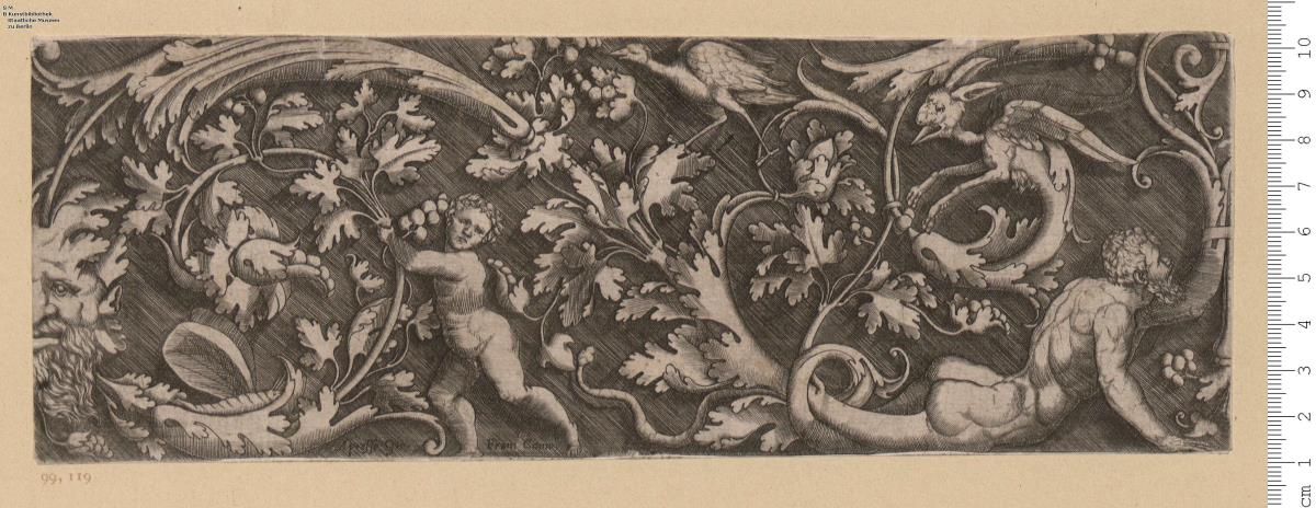 4 Blatt (davon 2 Blatt Nachbildungen) einer Folge: Rankenfriese mit eingewachsenen Figuren. 2 Blatt bez: Ap[resso] Gio: Franc. Camo[cio]., 1 Blatt (Nachbildung): B. XV S. 57 Nr. 5, vor der Adresse des Ant. Salamanca.